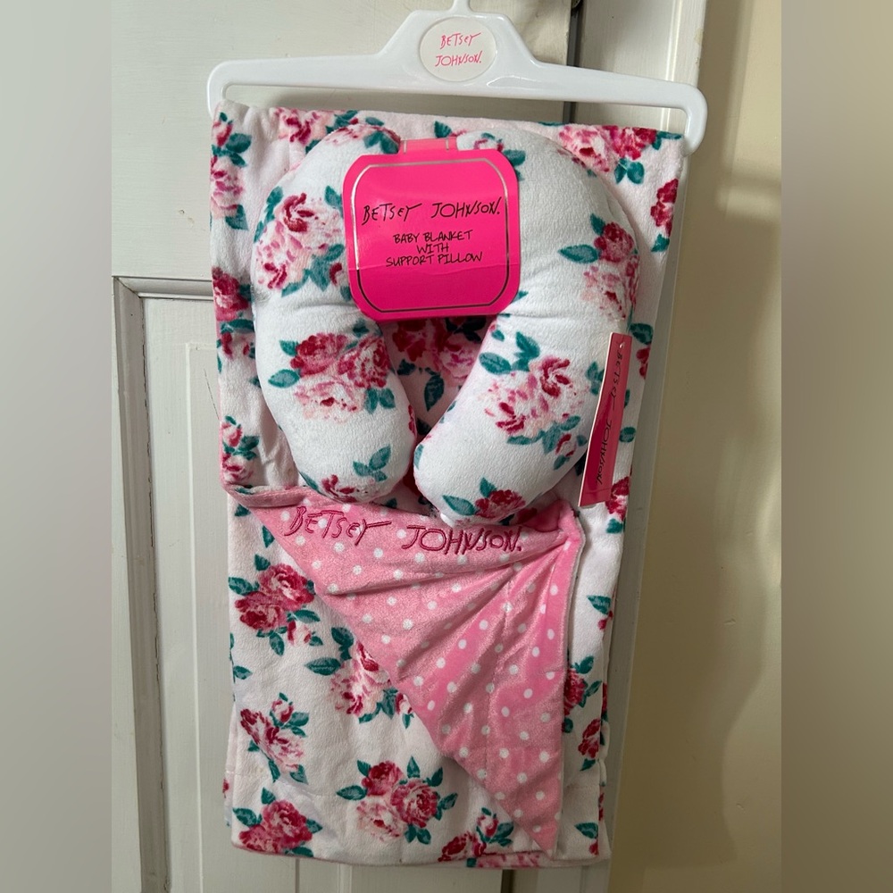 Betsey Johnson two piece Plush Floral Baby Blanket and Support Pillow Set